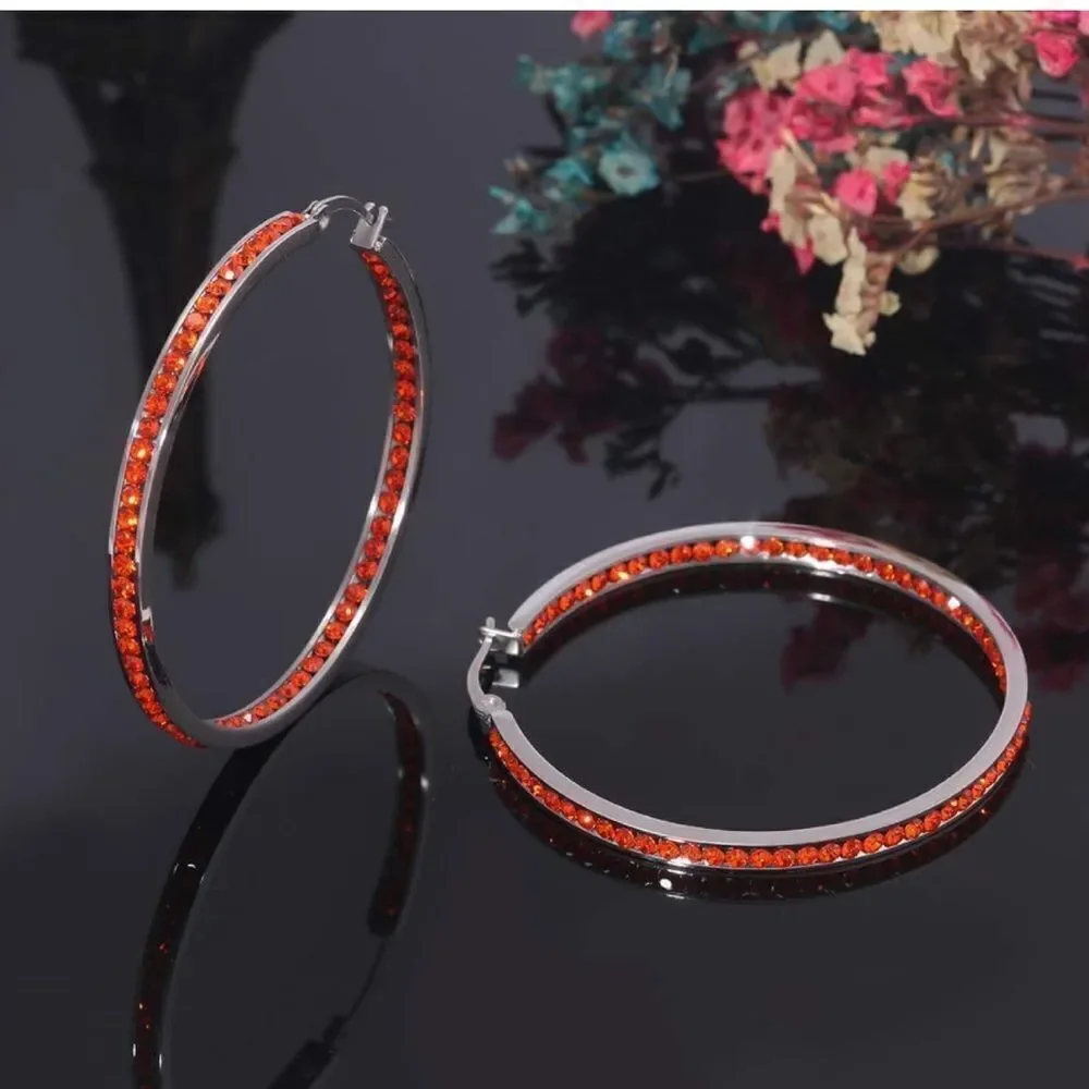 14K White Gold with Ruby Red Cubic Zirconia Big Hoop Latch Back Earrings
